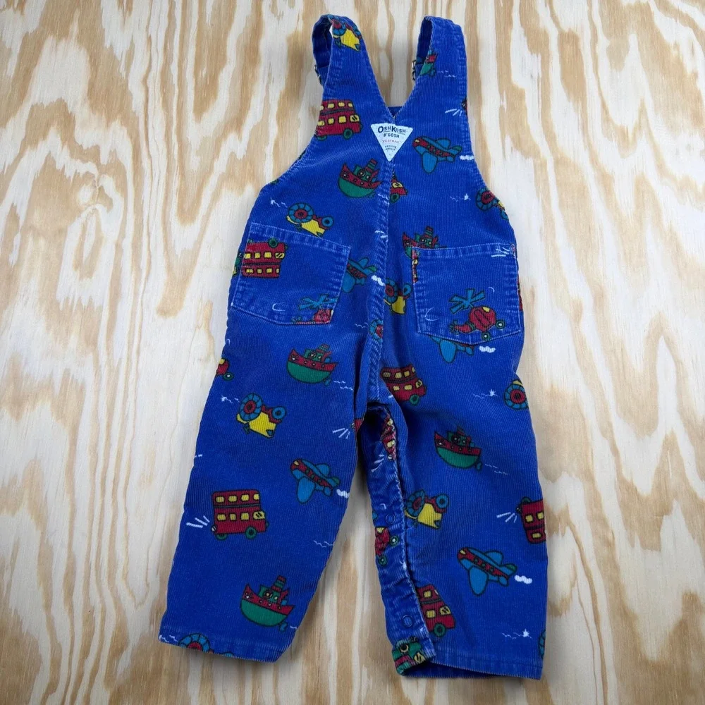 Vintage OshKosh Bgosh Blue Corduroy Vehicle Print Overalls 18 Months Made in USA